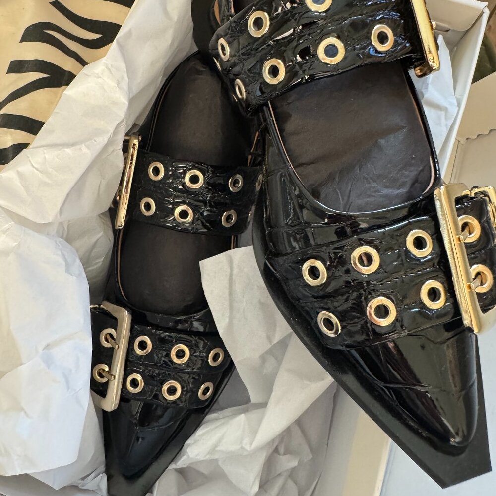 GANNI Black Buckle Ballerina Flats - Croc (Size 36)